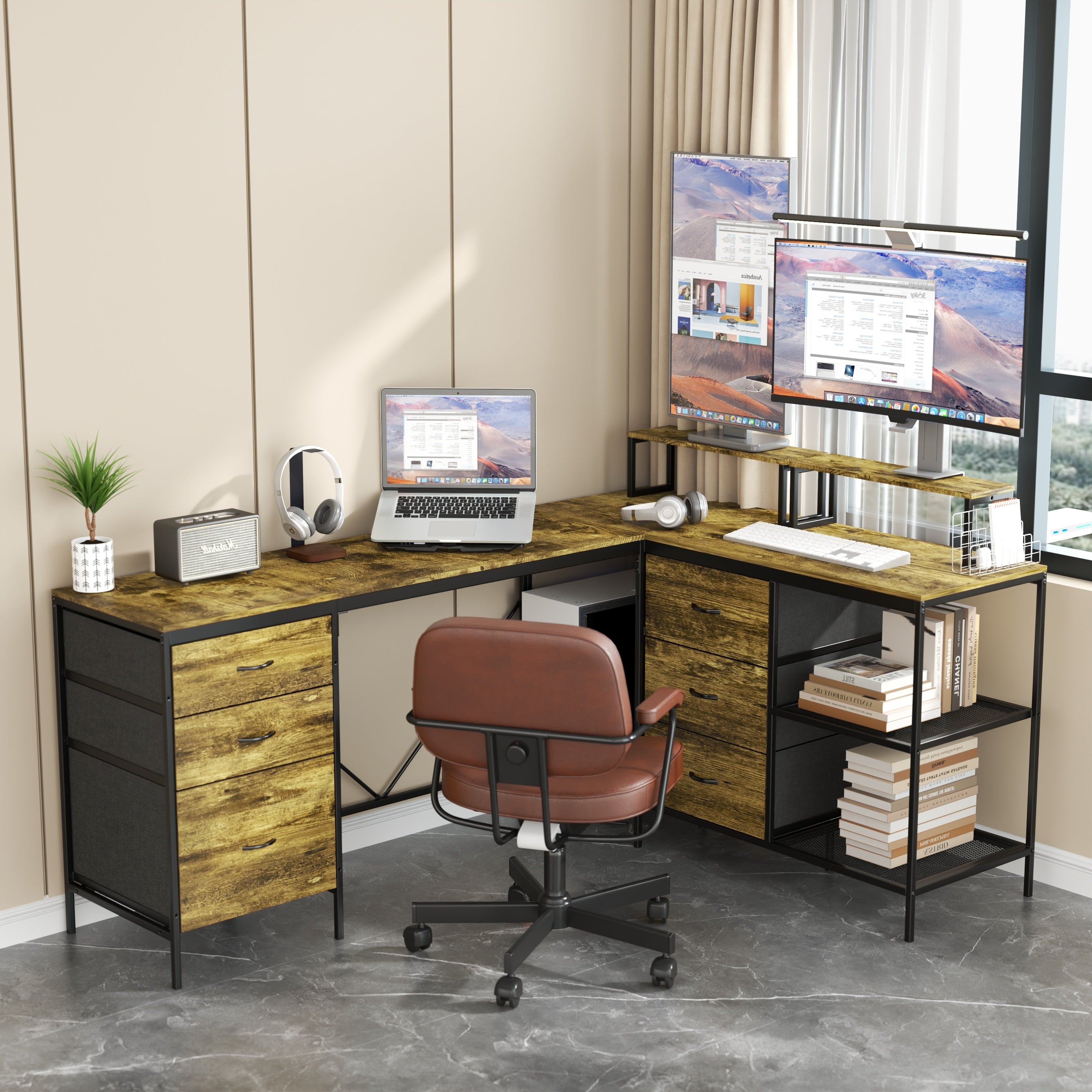 114-inch industrial L-shaped desk dimension reference