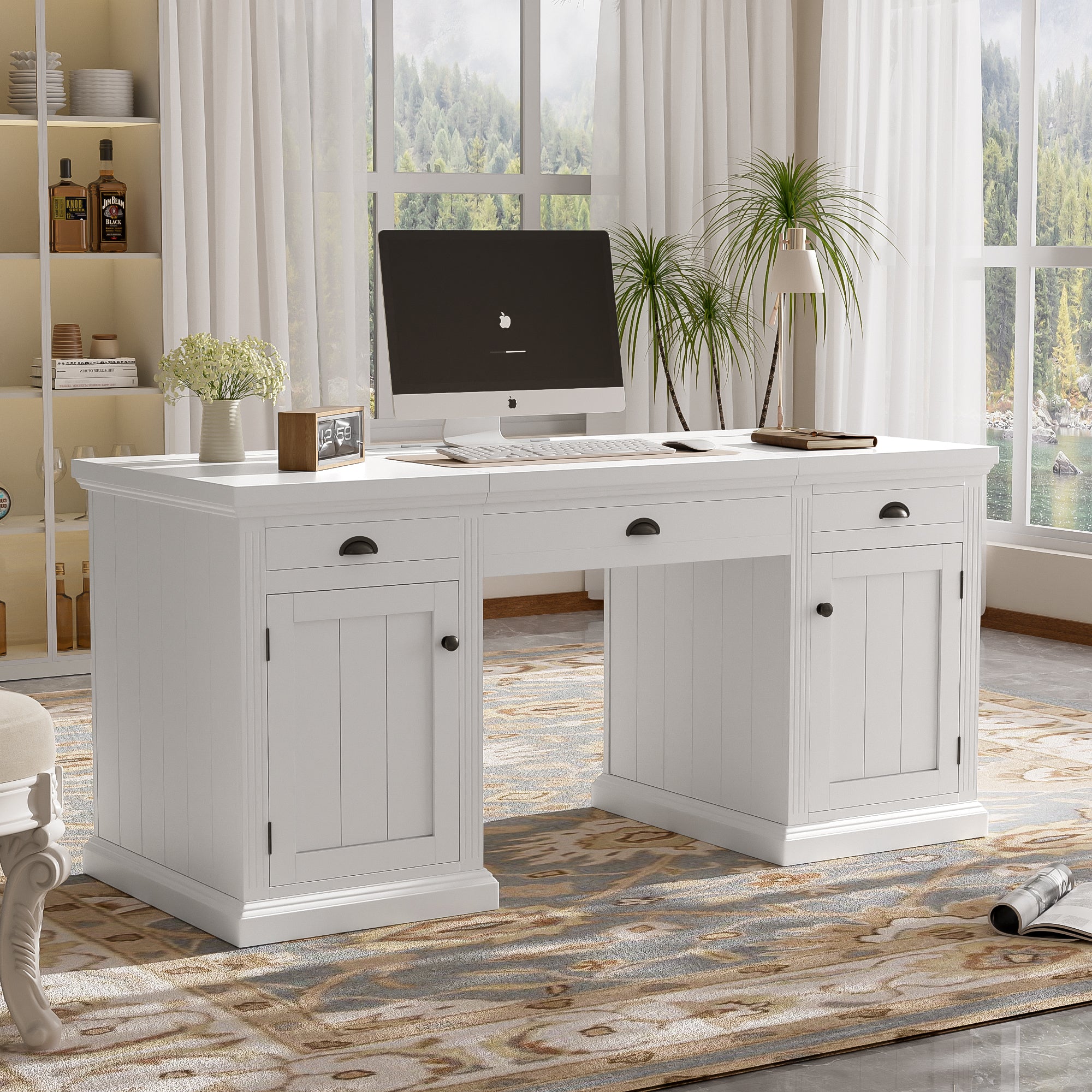White executive desk with wood door cabinets — front view