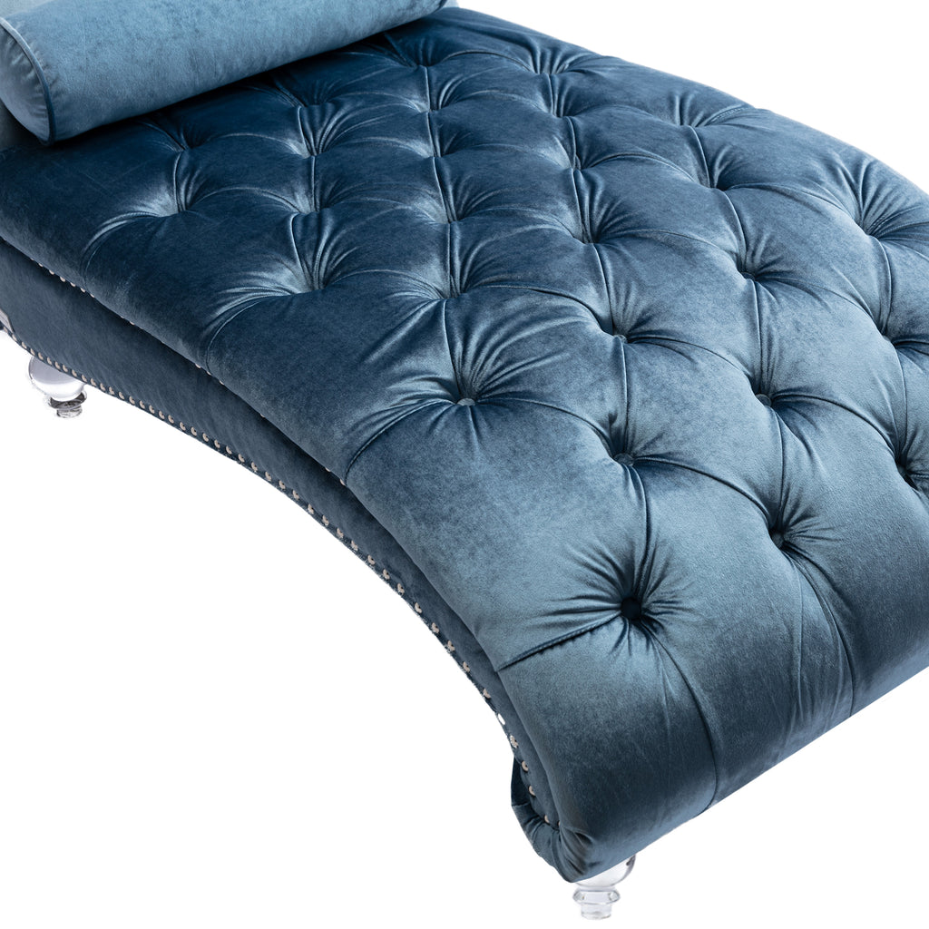 Light blue button-tufted chaise lounge product photo