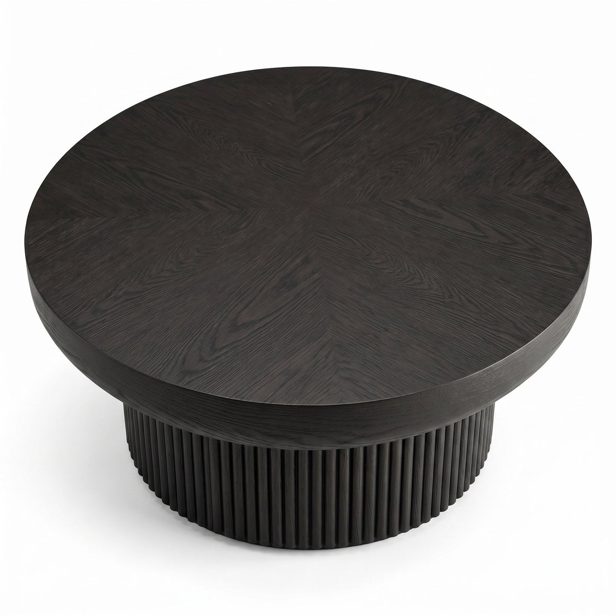 33.5'' Round Fluted Coffee Table with Real Wood Parquet Pattern Top & Cylindrical Base, Thickened Tabletop, Mid-Century Modern Circle Cocktail Table for Living Room, Small Space, Walnut