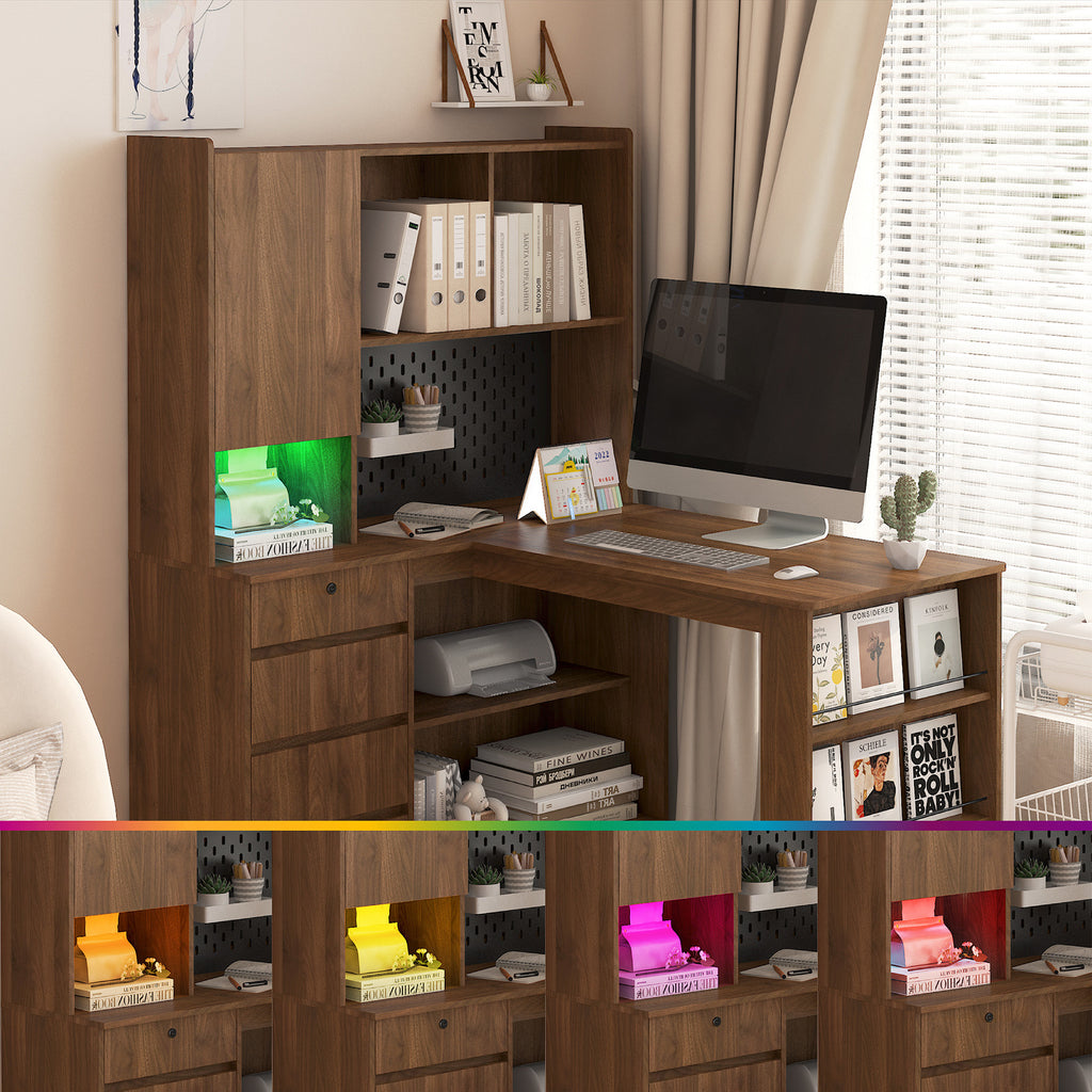 L-shaped desk built-in USB ports and power outlets detail