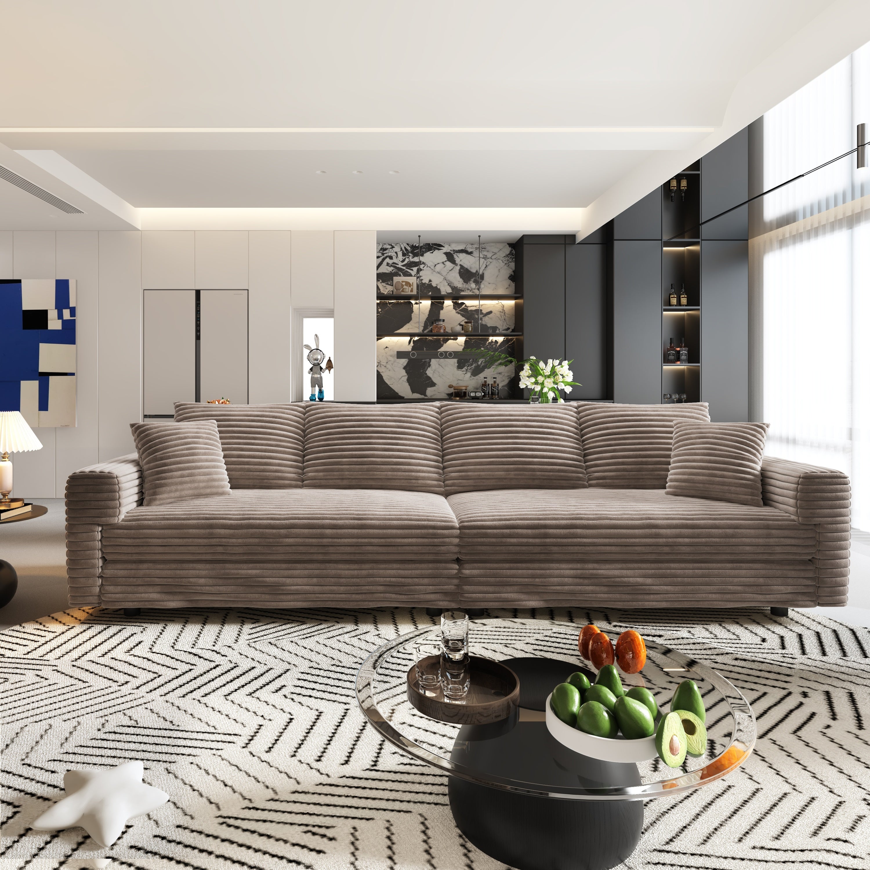 102.4 'Plush Corduroy 4-Seat Sofa,Modern Comfy Upholstered Sofa Cloud Couch,Deep Seat Couches with Soft Pillows and 3 Ottomans,Convertible Sofa Lounge Chair,Black(Old SKU:W1885S00287)
