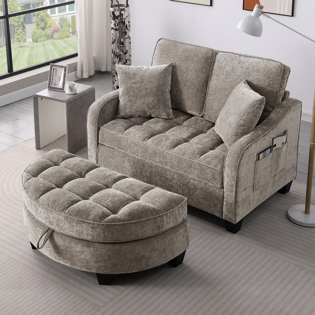Corduroy sofa chaise and storage ottoman in living room setting