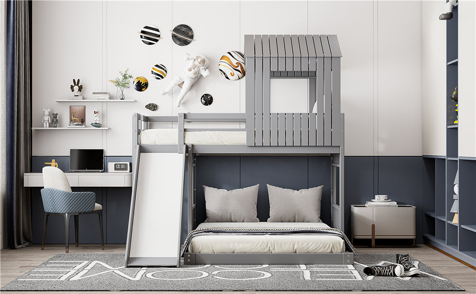 Playhouse bunk bed with slide in shared kids bedroom setting