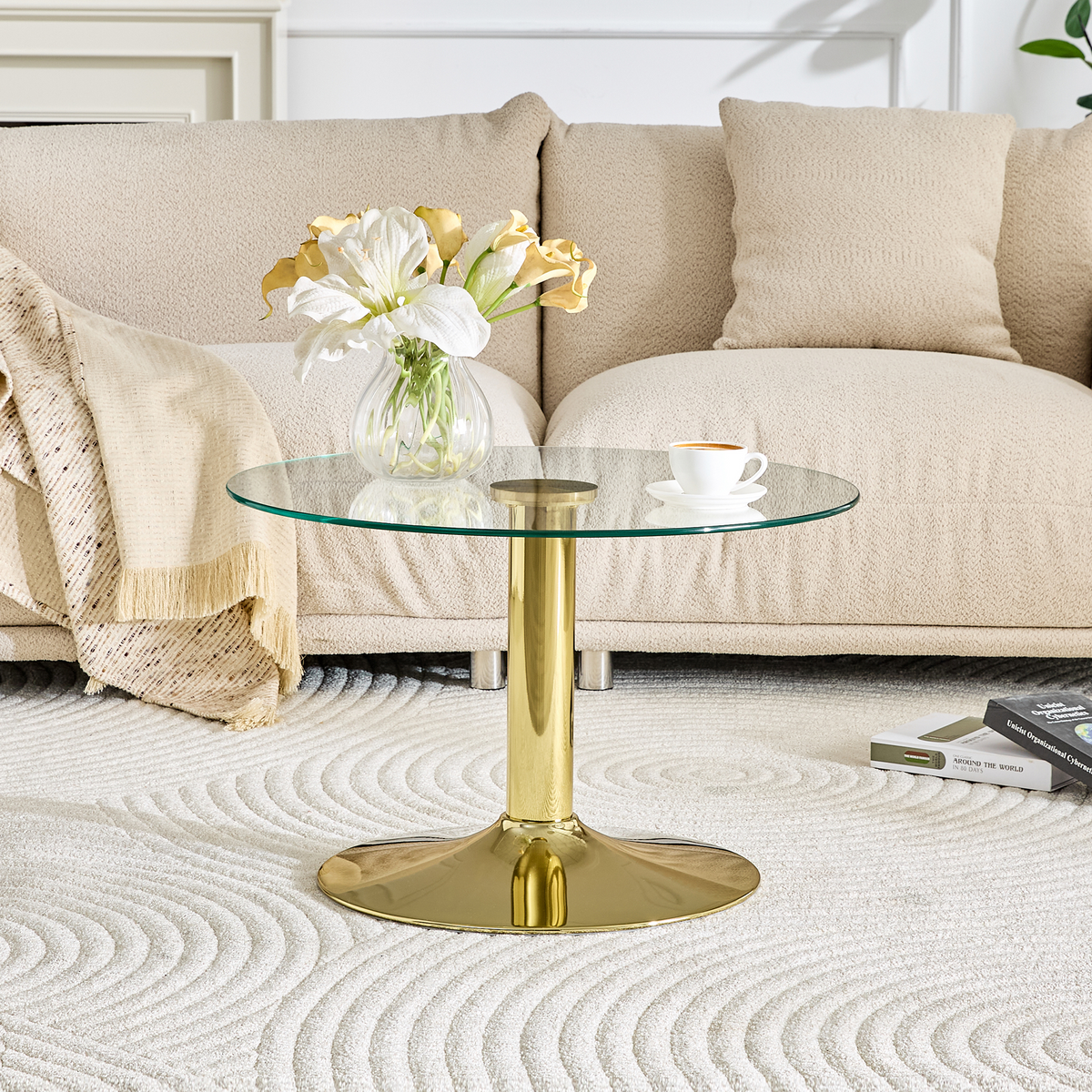 27.5-inch diameter round tempered glass coffee table. 17.7 inches high, supported by a golden metal base, with a light luxury edge.