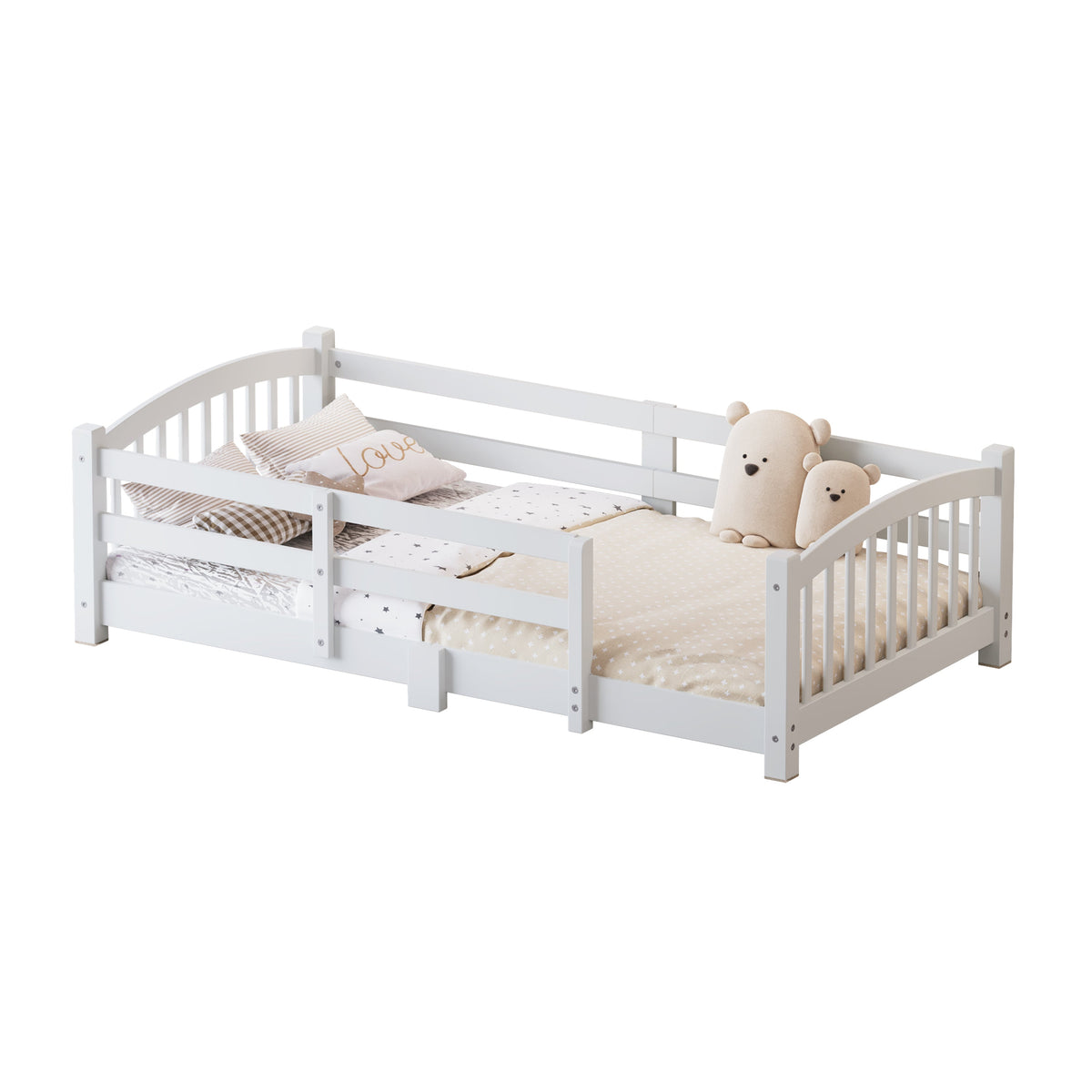 Twin Montessori Floor Bed with Slats and Safety Guardrails, Solid Wood Floor Bed with Fence and Without Door, Easy Assemble Montessori Bed for Girls and Boys, Gray