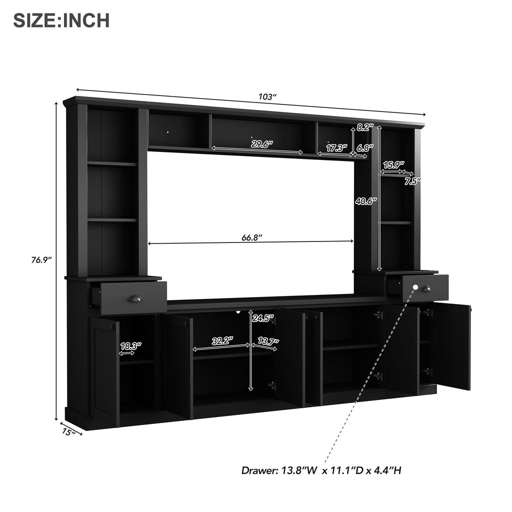 Modern black wall unit entertainment center with adjustable bridge