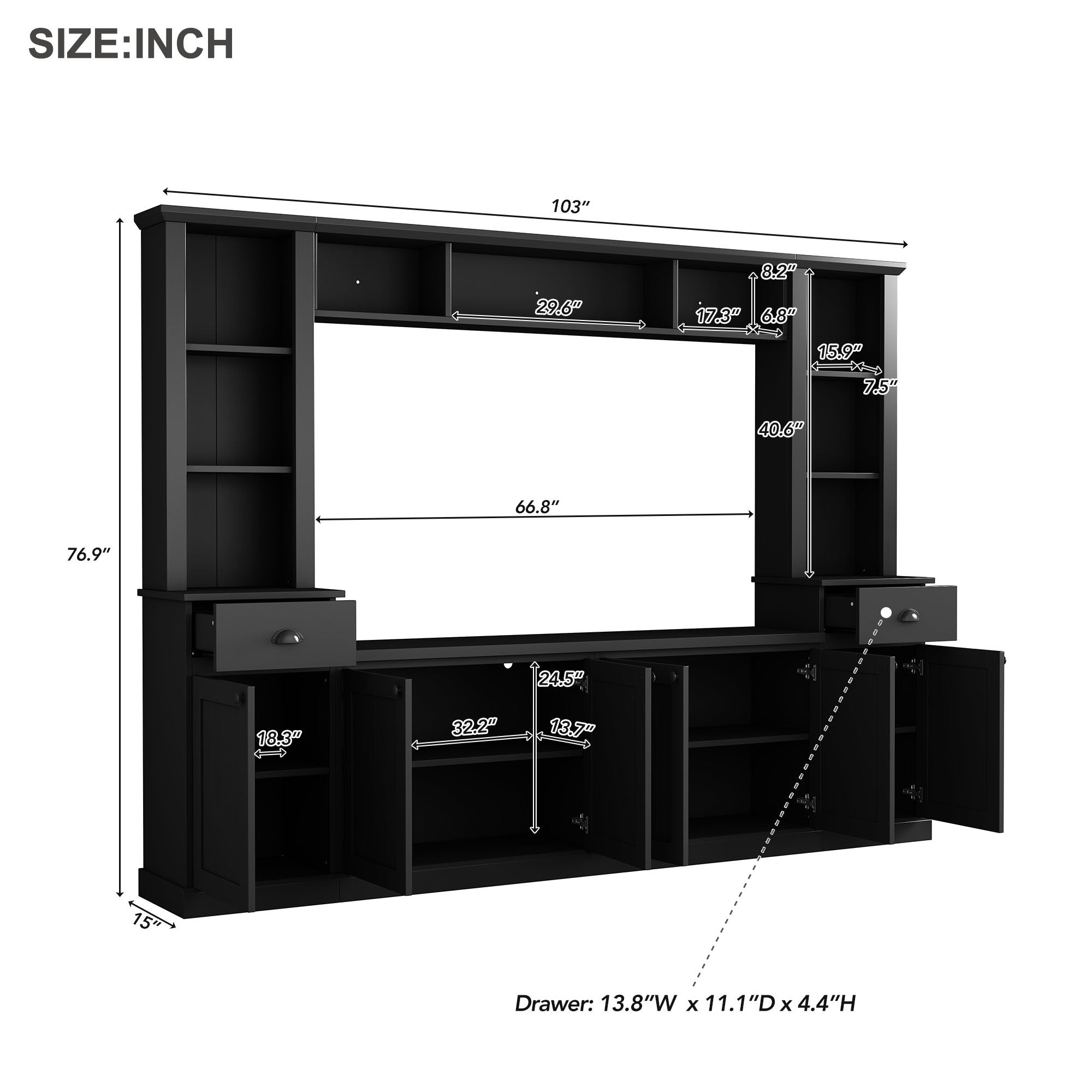 Modern black wall unit entertainment center with adjustable bridge