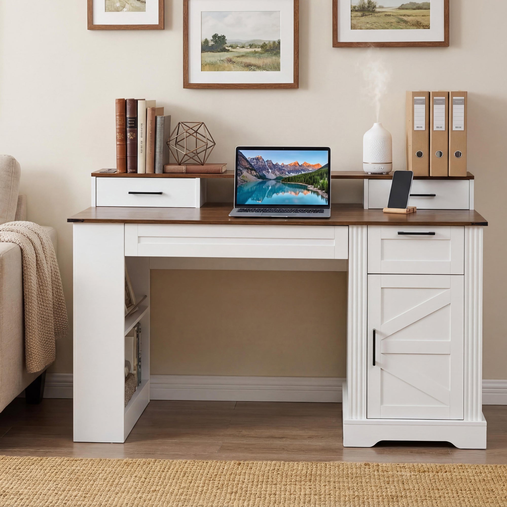 55-inch white office desk with charging station and storage cabinet — angle view