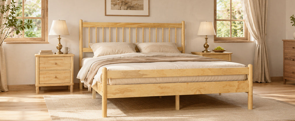 Traditional Style Queen Size Bed with Headboard and Footboard, Pinewood Bed with Strengthened Bed Frame ,Walnut