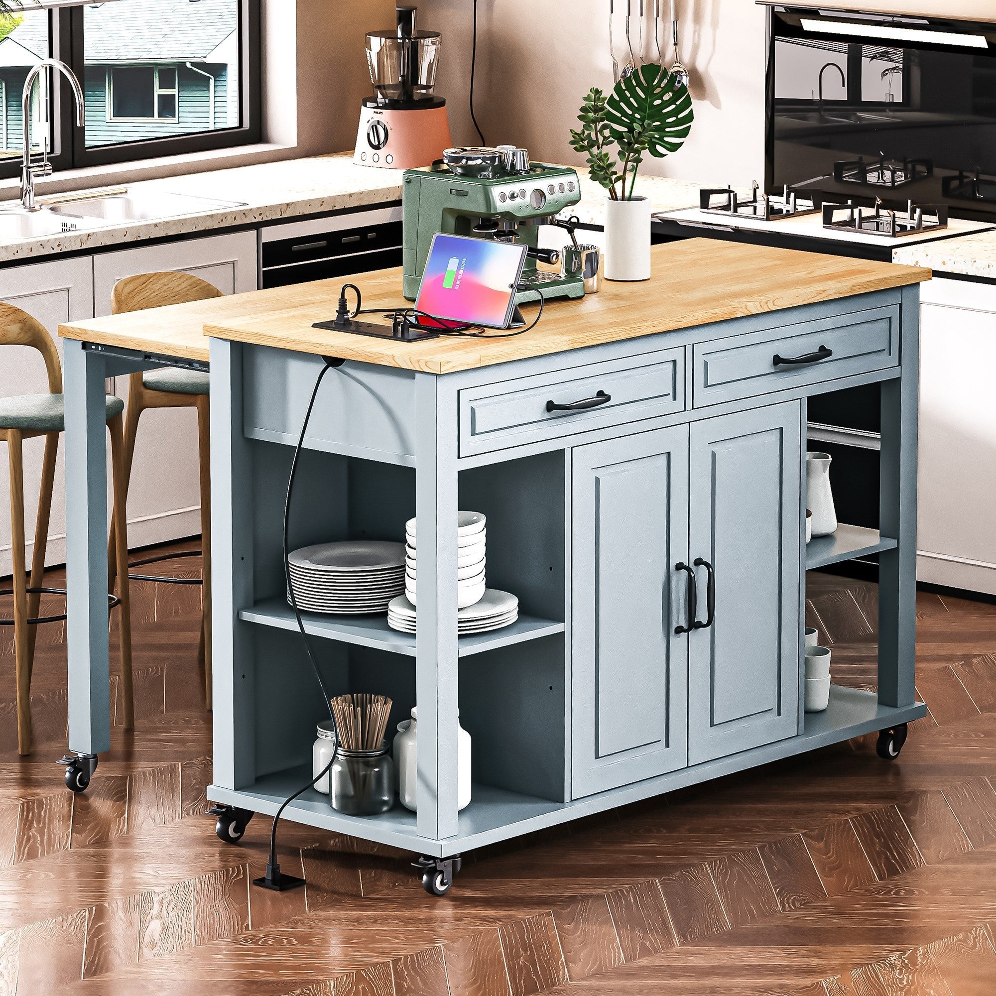 K&K 47 inch Kitchen Island with Extendable Dining Table, Rubber Wood Veneer Kitchen Table with Internal Storage Rack, Power Outlet, Kitchen island with Storage 2 Drawers 2 Cabinet, Black