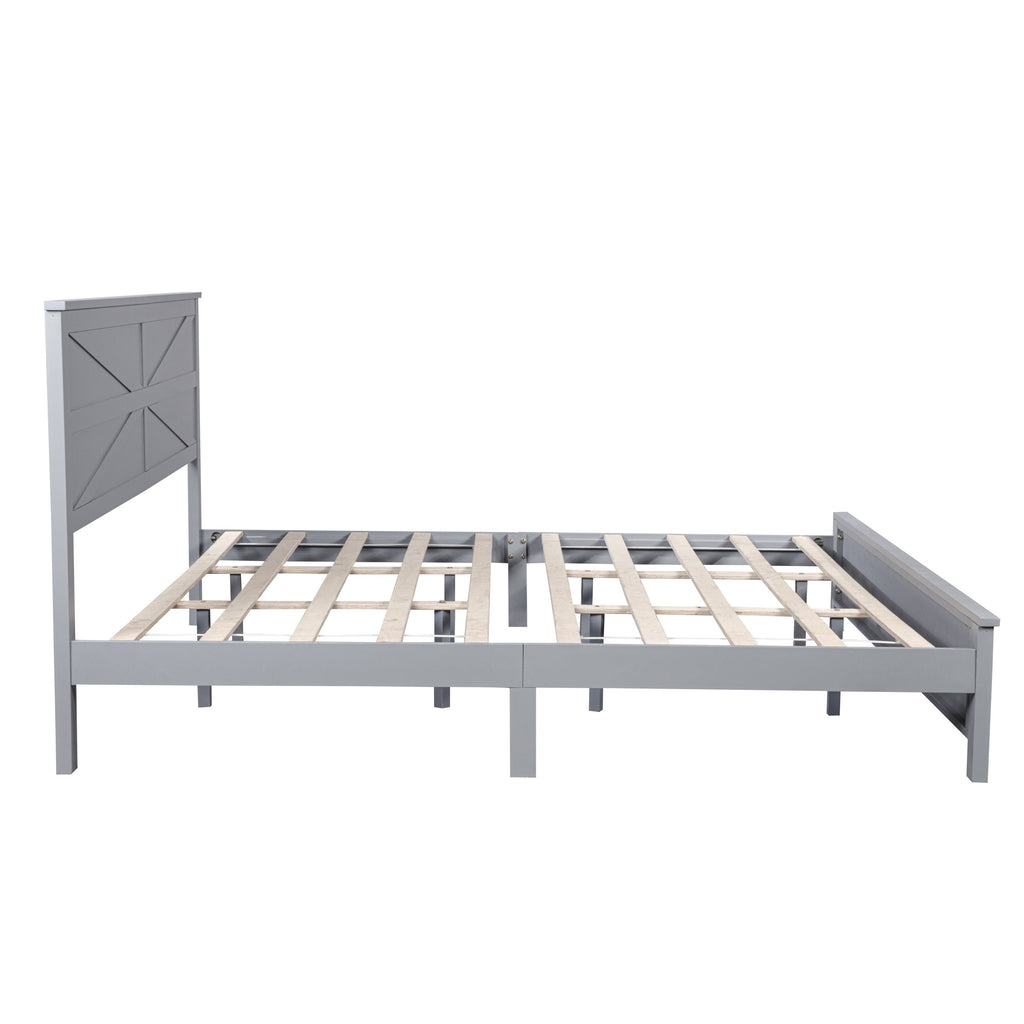 Farmhouse Style King Size Bed with Barn Door Designed Headboard and Footboard, Pinewood Bed with Strengthened Bed Frame,White