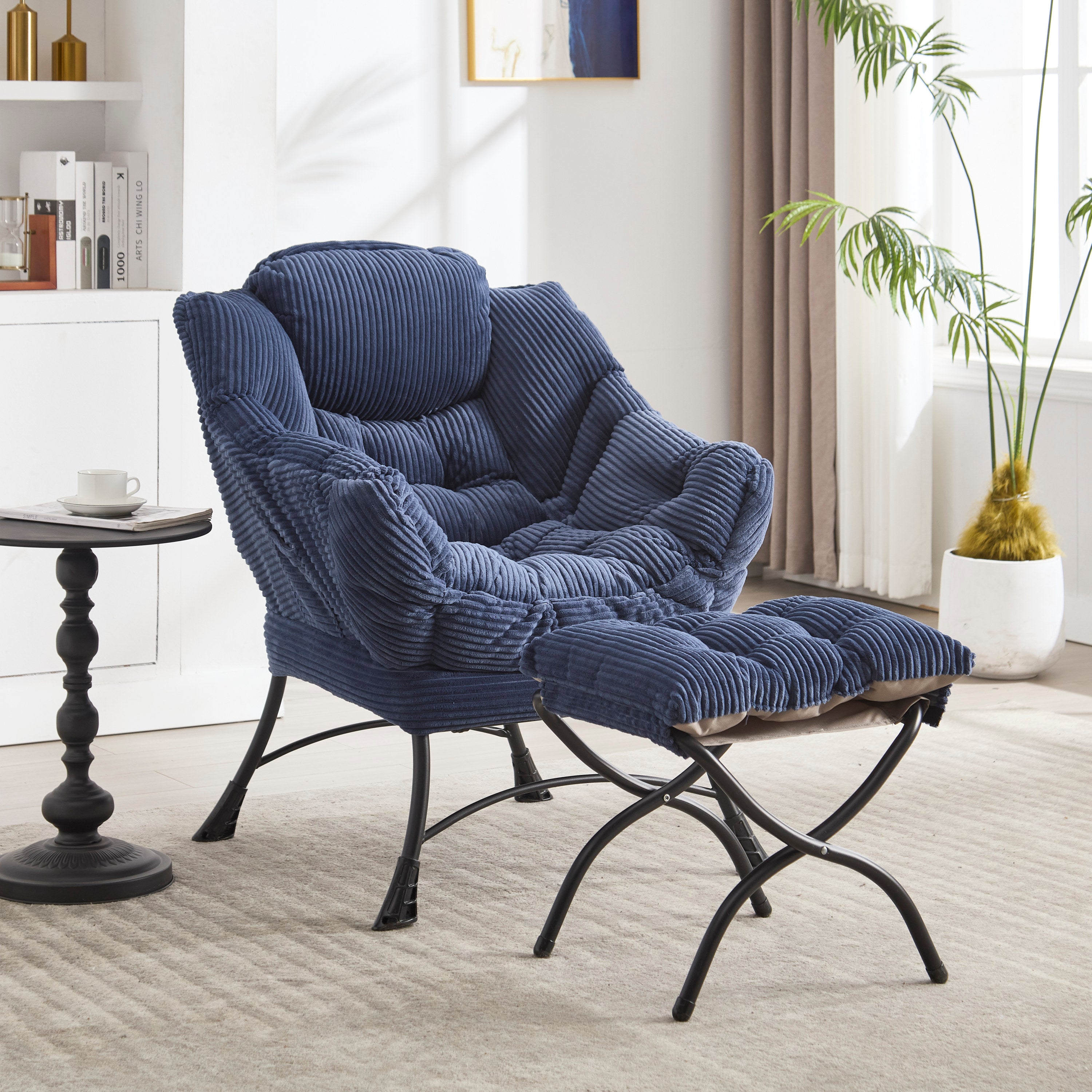 Navy blue lazy lounge chair with ottoman — front view