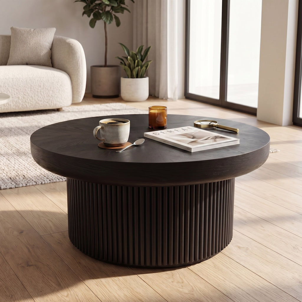 33.5'' Round Fluted Coffee Table with Real Wood Parquet Pattern Top & Cylindrical Base, Thickened Tabletop, Mid-Century Modern Circle Cocktail Table for Living Room, Small Space, Walnut