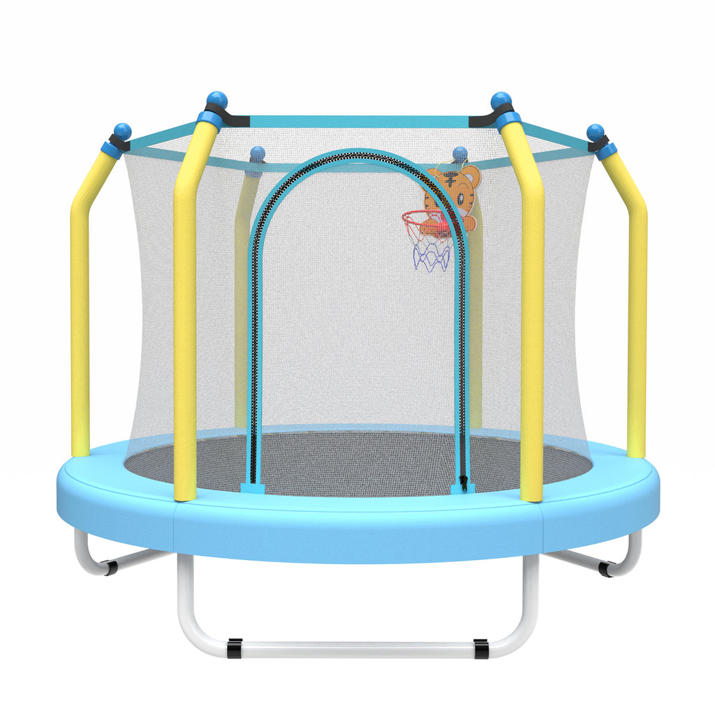 Blue 55-inch kids trampoline with safety net — front view
