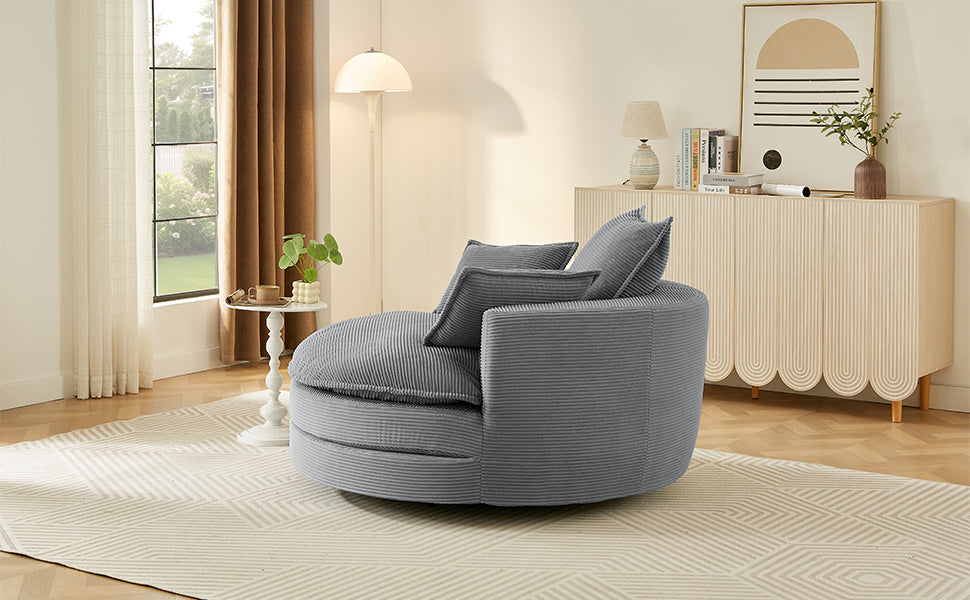 Blue Corduroy 360° Swivel Barrel Accent Chair with Dual-Layer Cushion & 3 Pillows