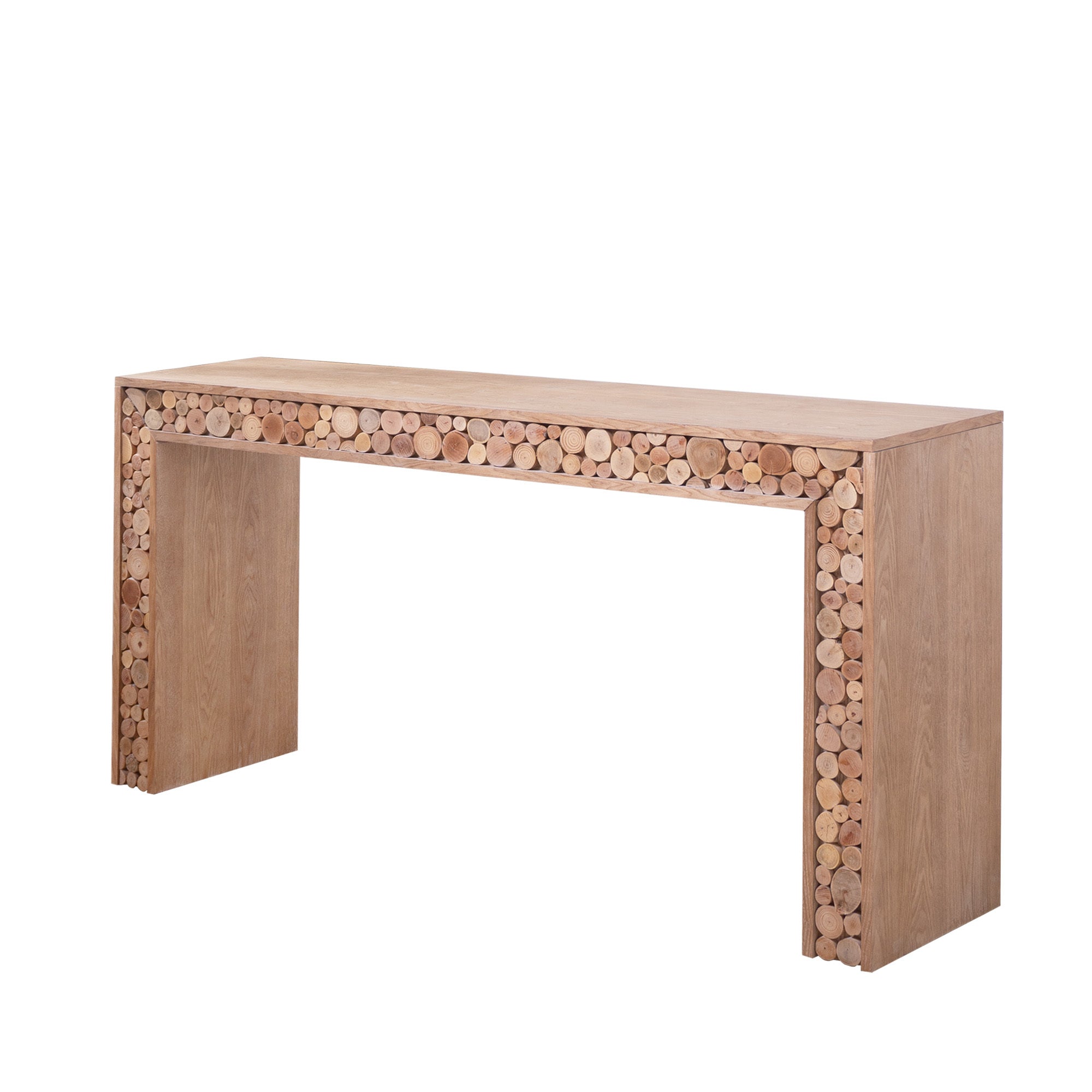 Rustic entryway table log accent front panel close-up