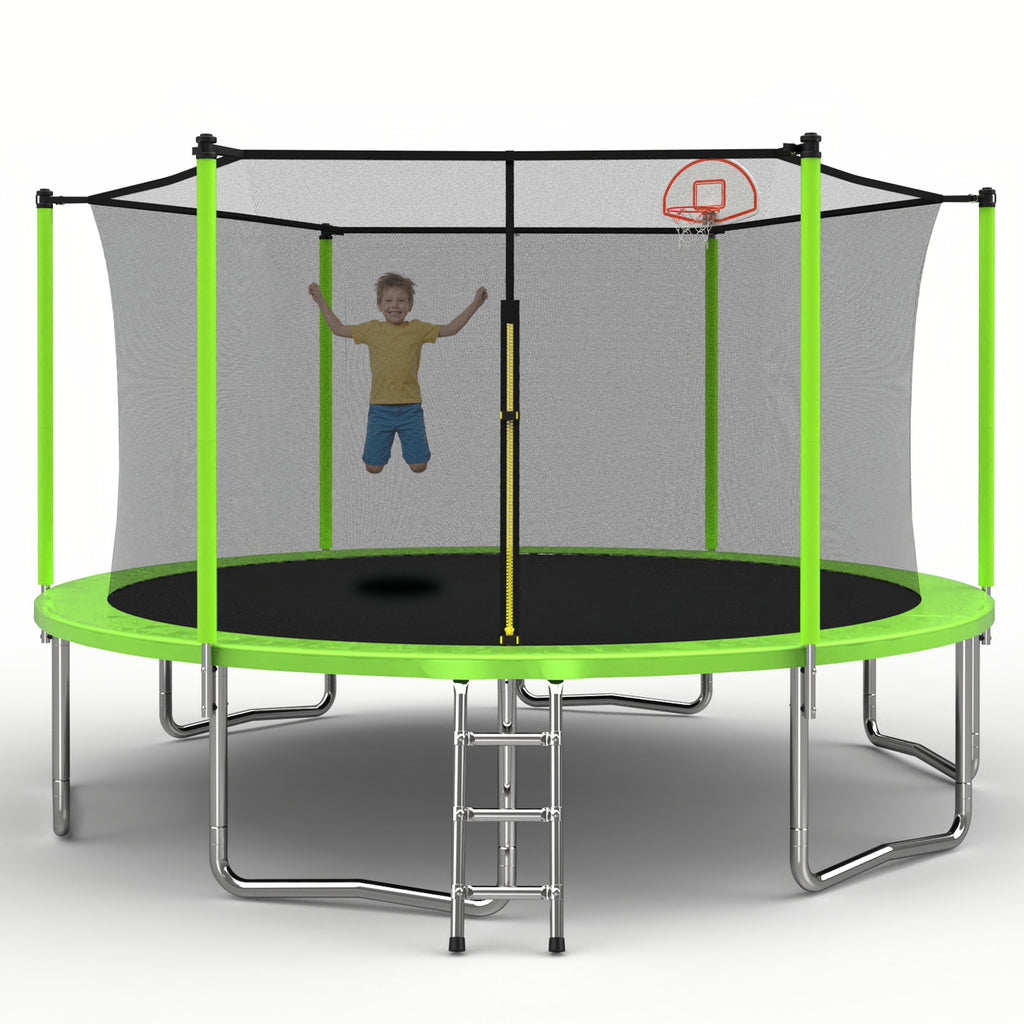 Kids backyard trampoline with basketball backboard and accessories