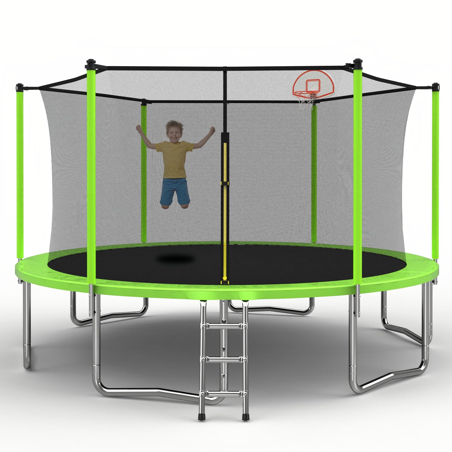 Kids backyard trampoline with basketball backboard and accessories