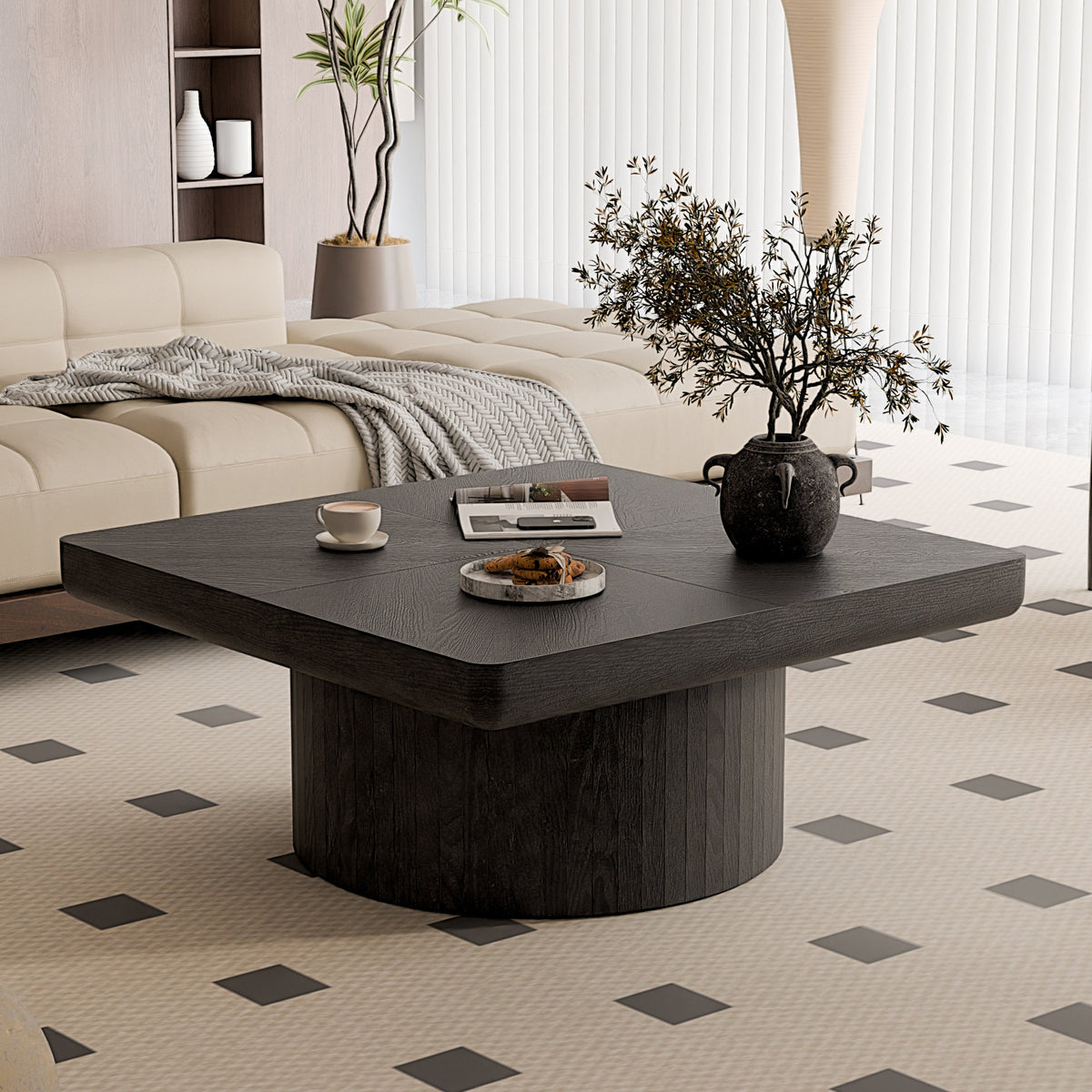 34.6'' Square Coffee Table for Living Room, Modern Wood Veneer Top with Parquet Pattern & Cylindrical Base, Thickened Tabletop, Easy Assembly, Natural Wood