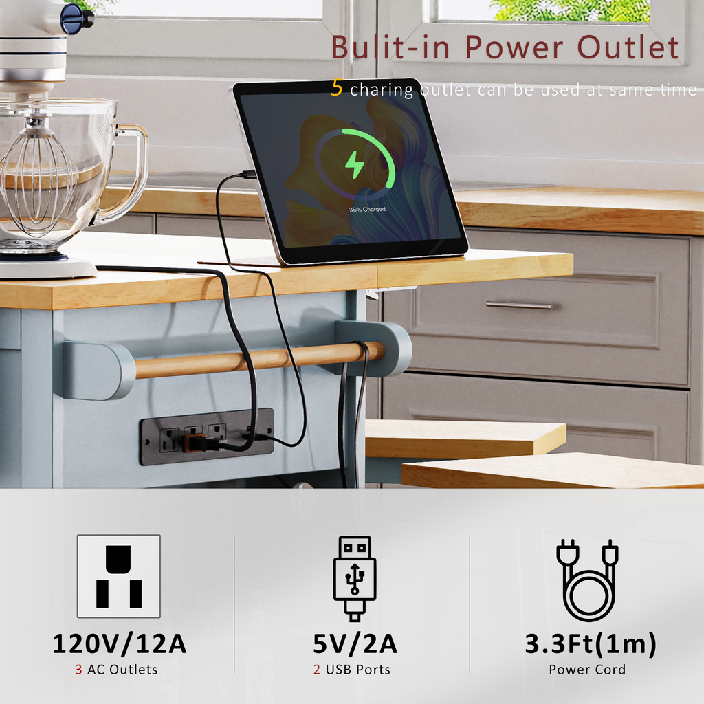 K&K 53inch Large Kitchen Island with Drop Leaf,Power Outlet,Door Internal Storage Rack,Rolling Kitchen Cart on 5 Wheels with 5 Open Side Racks for Kitchen,Black(Two Packages)(Stools not included)
