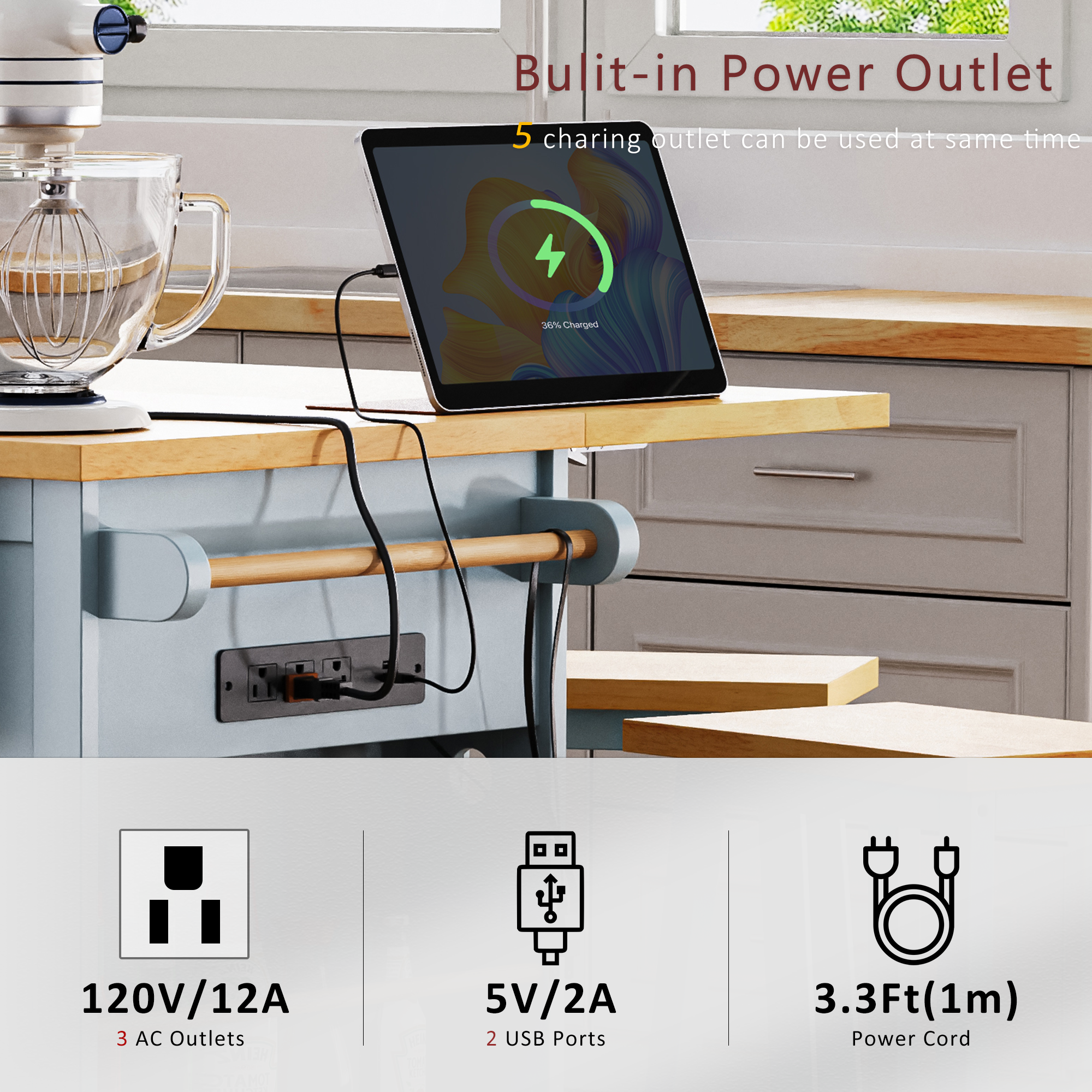 K&K 53inch Large Kitchen Island with Drop Leaf,Power Outlet,Door Internal Storage Rack,Rolling Kitchen Cart on 5 Wheels with 5 Open Side Racks for Kitchen,Black(Two Packages)(Stools not included)
