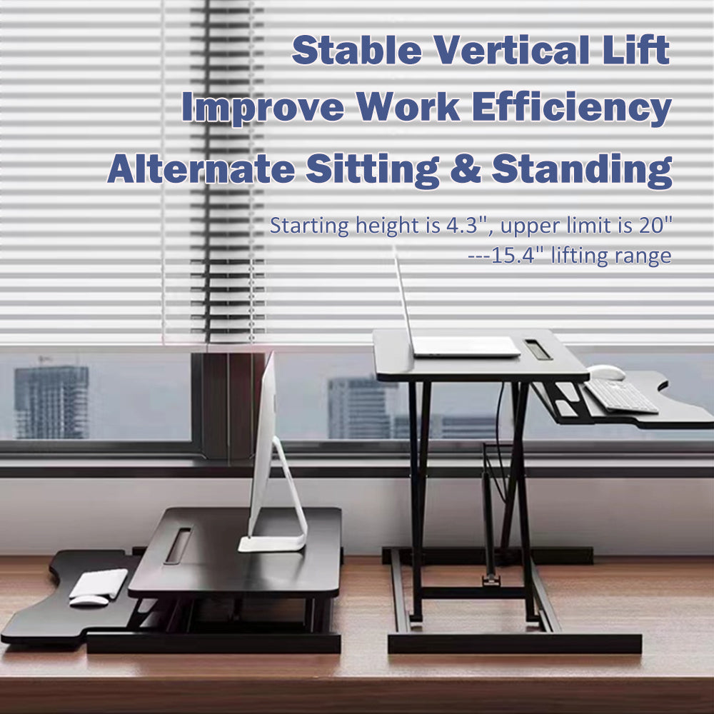 Sit to stand riser with dual monitor and laptop workstation layout