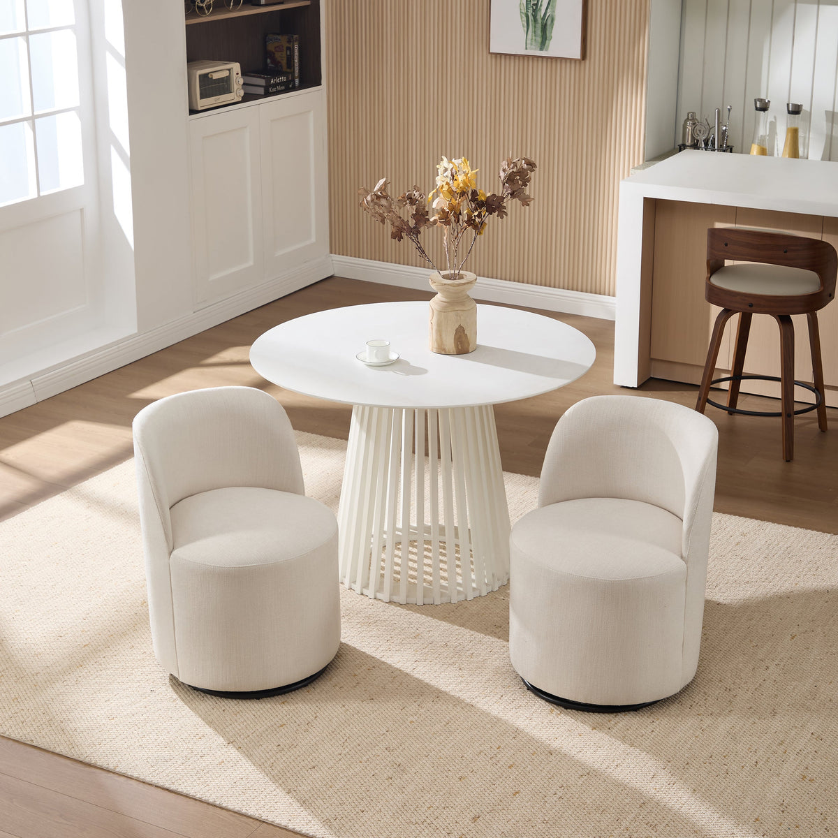 Set Of 1 Upholstered Kitchen & Dining Room Barrel Chair, Mid Century Modern Round Linen Dining Chair, 360 Degree Swivel Comfy Armless Accent Makeup Vanity Side Chair for Bedroom Living Room
