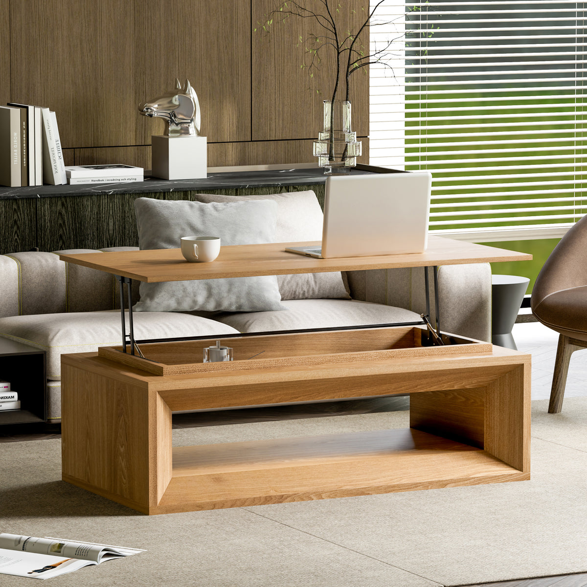 43.3'' Lift-top Coffee Table Solid Wood Veneered Modern Coffee Table Accent Tea Table with Storage and Adjustable Height for Living Room, Bedroom, Apartment or Office, Natural Wood