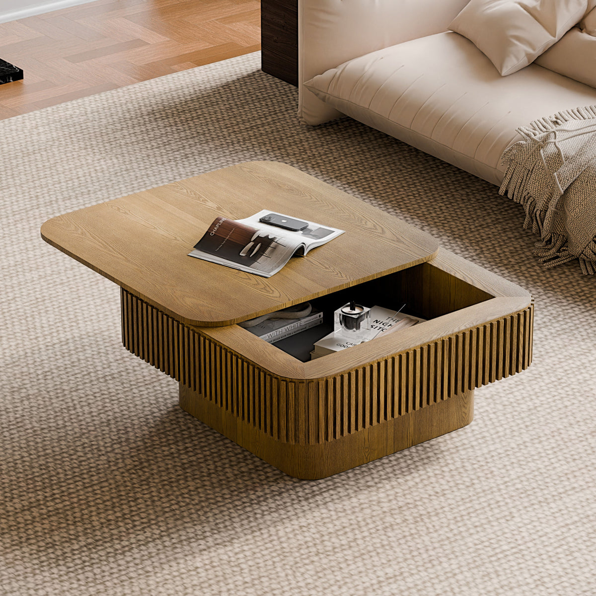 31.5'' Square Coffee Table with Storage Solid Wood Veneered Modern Coffee Table Accent Tea Table for Living Room, Bedroom, Apartment or Office, Natural Wood