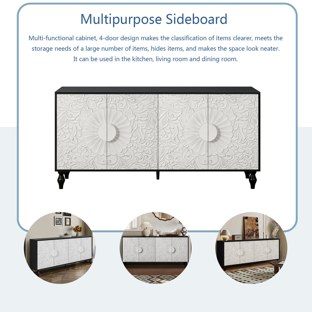 Carved patchwork door sideboard decorative handles detail