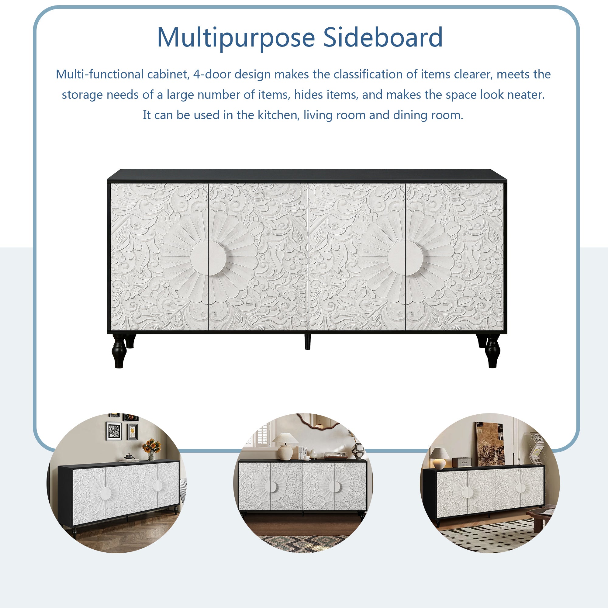 Carved patchwork door sideboard decorative handles detail