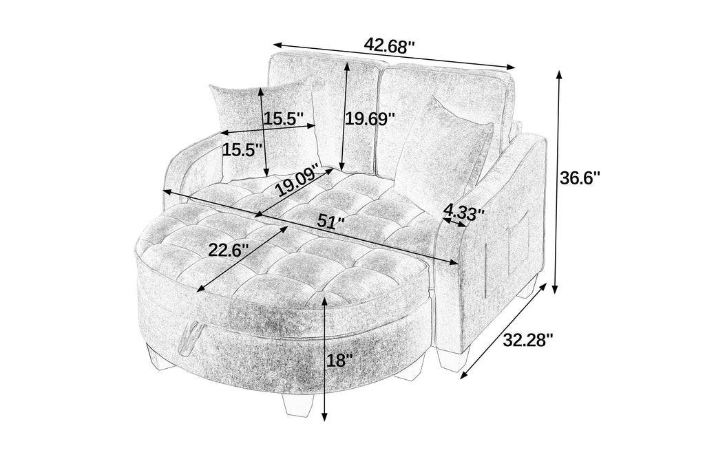 Corduroy 2-Seater Sofa Chaise — Storage Footrest & 2 Pillows, 42.7" Wide