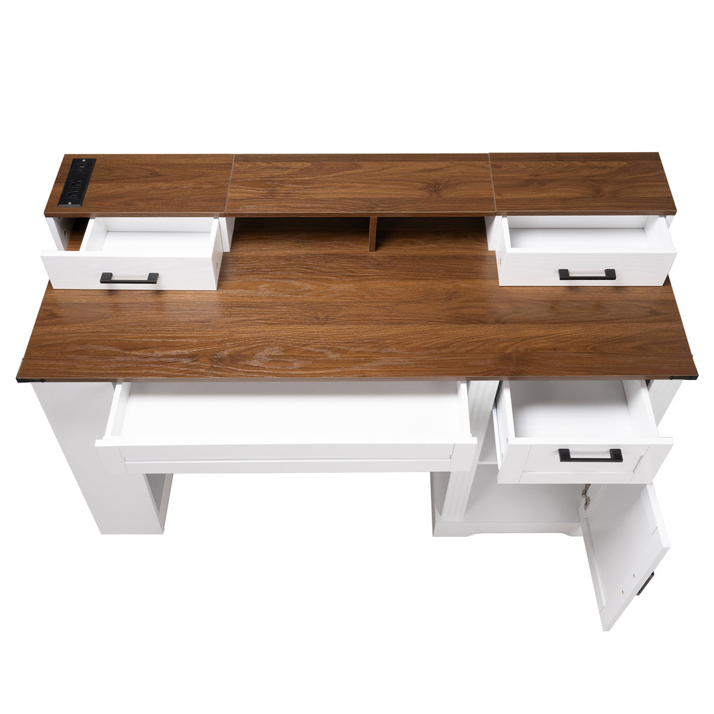 Office desk keyboard tray tucked under desktop view