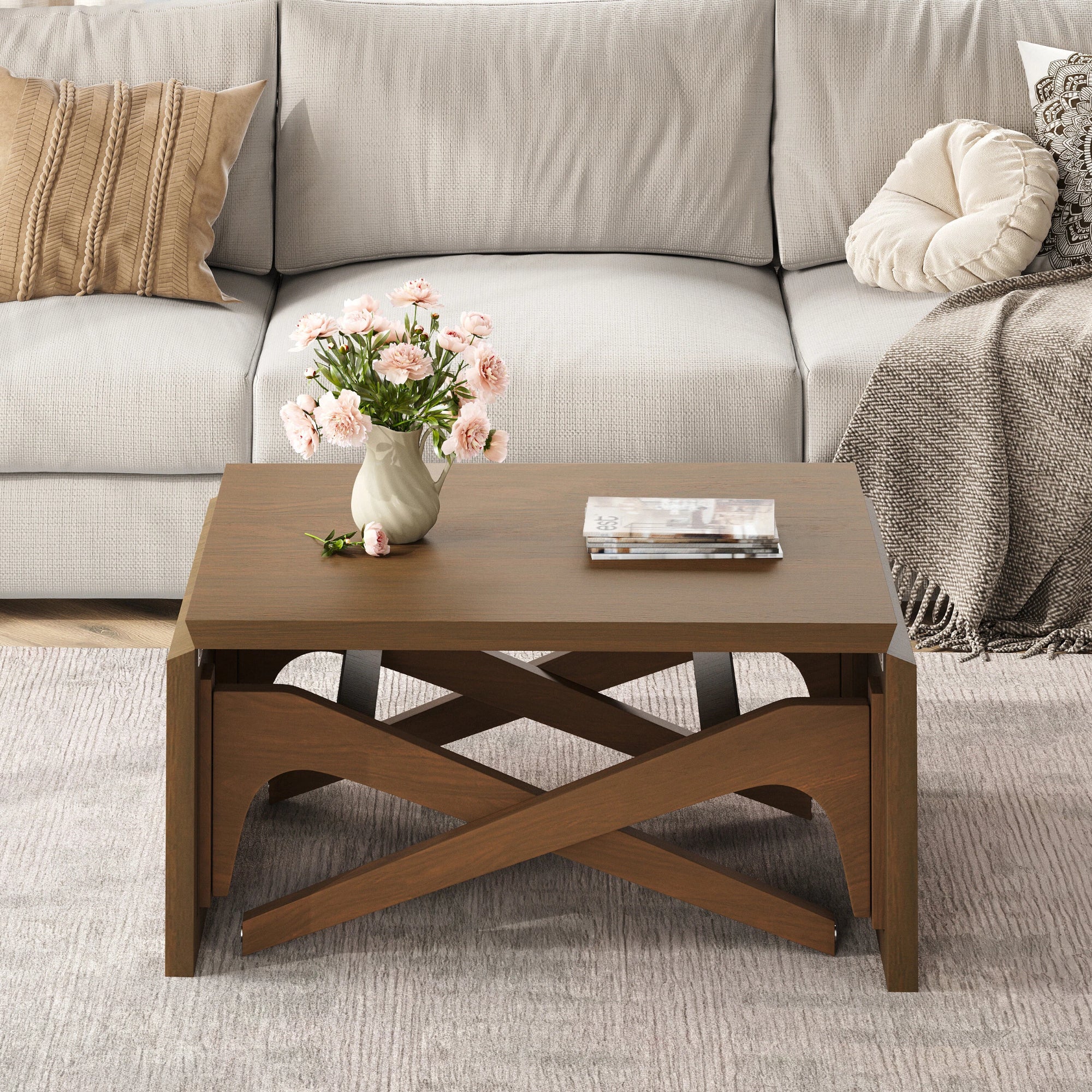 Transformer coffee table, 2 in 1 table, Expandable dining table, Natural wood, Variable height