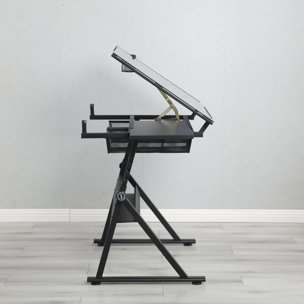 Black drafting table with two metal drawers underneath