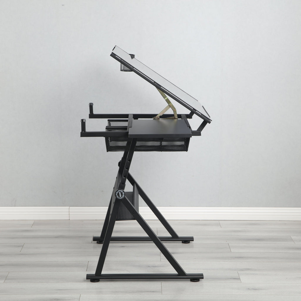 Adjustable Glass Drafting Table with Metal Drawers & Stool