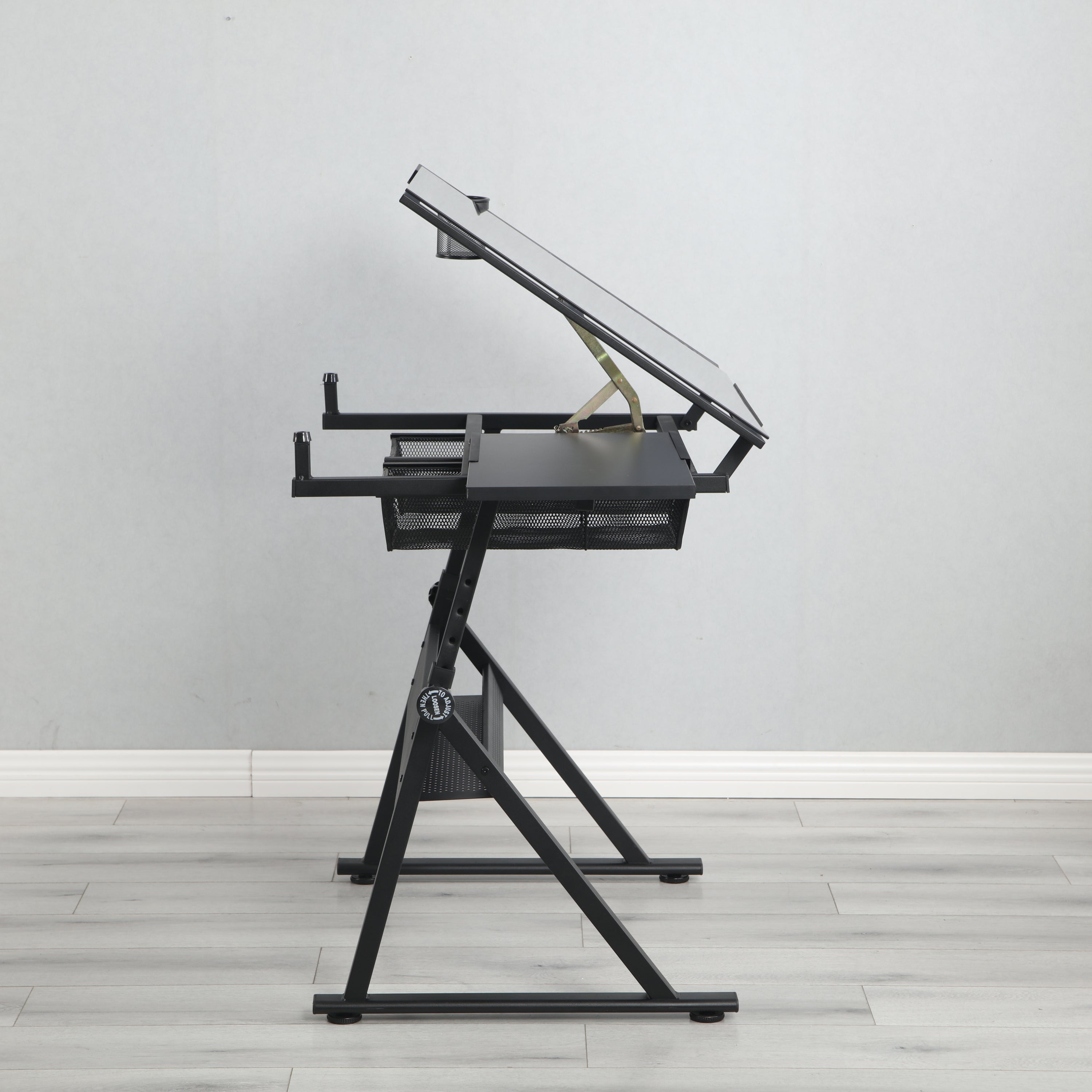 Adjustable Glass Drafting Table with Metal Drawers & Stool
