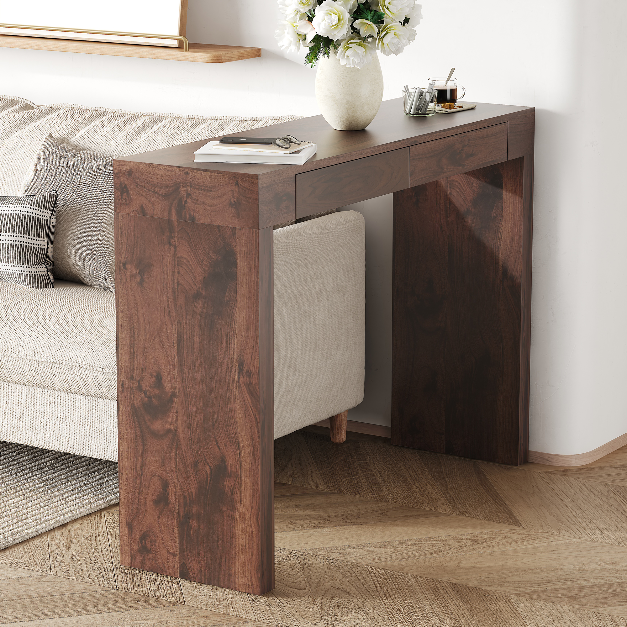 Natural walnut pub table drawer open storage