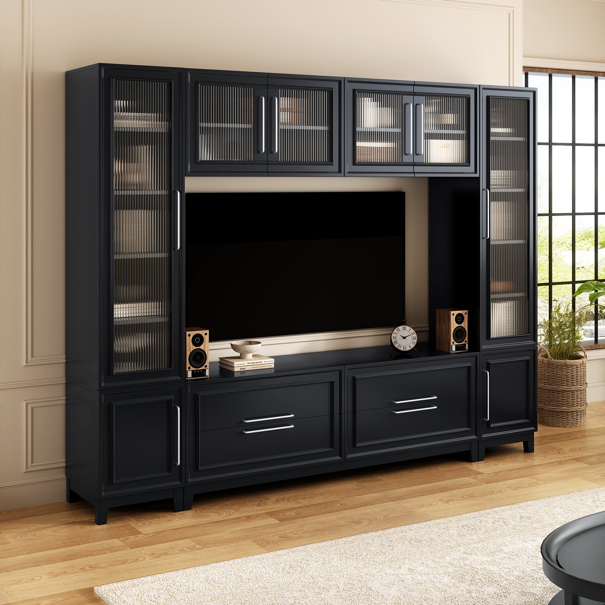 Modern minimalist entertainment center silver metal handles close-up