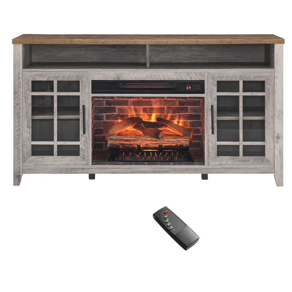Gray wash TV stand electric fireplace in living room setting