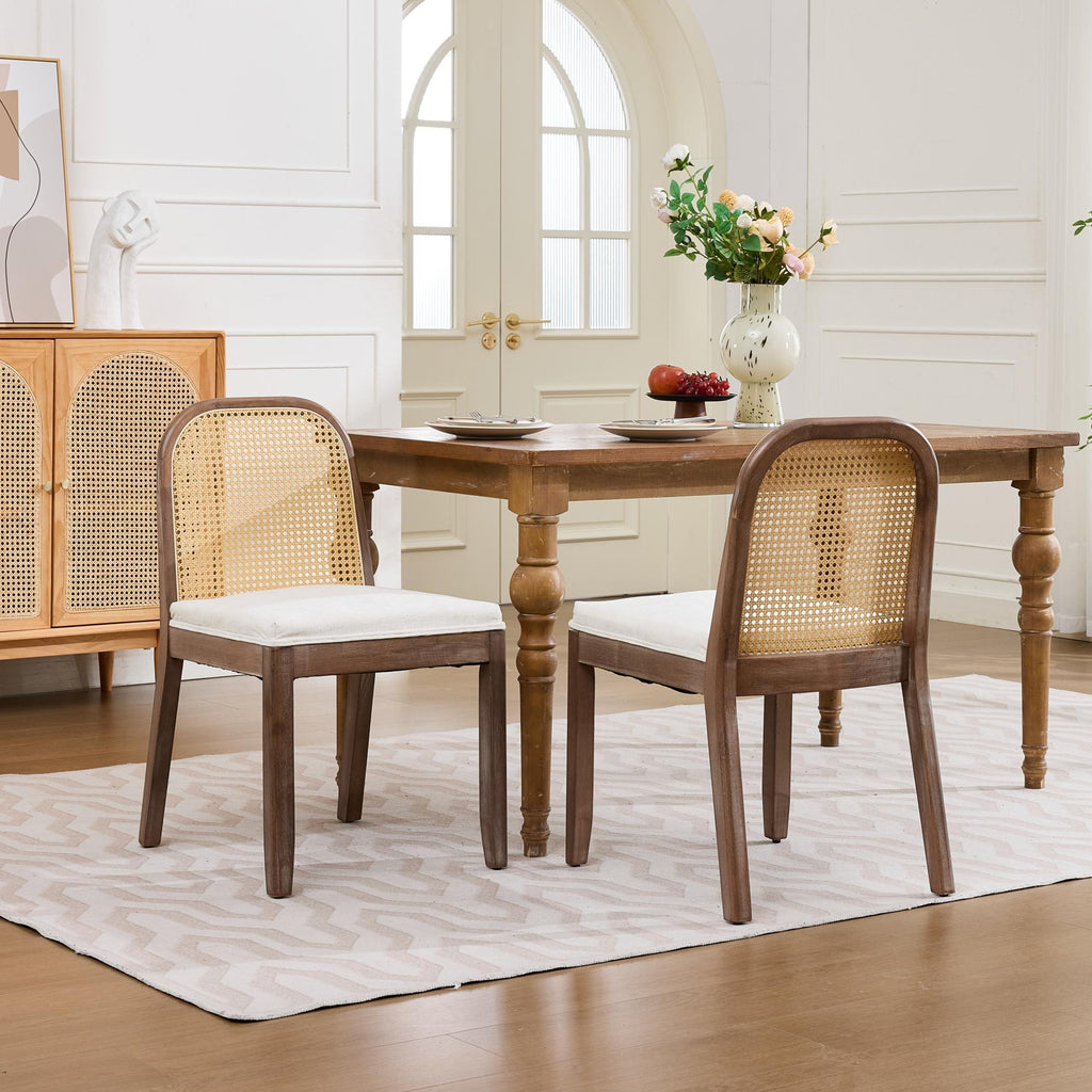 Set of 2 Curved Arched Cane Back Dining Chairs,Mid Century Farmhouse Side Chairs,Distressed Solid Wood Frame,Chenille Cushion with S-Spring and Sponge,Armless Accent Chairs for Kitchen,Beige,SW1899BG