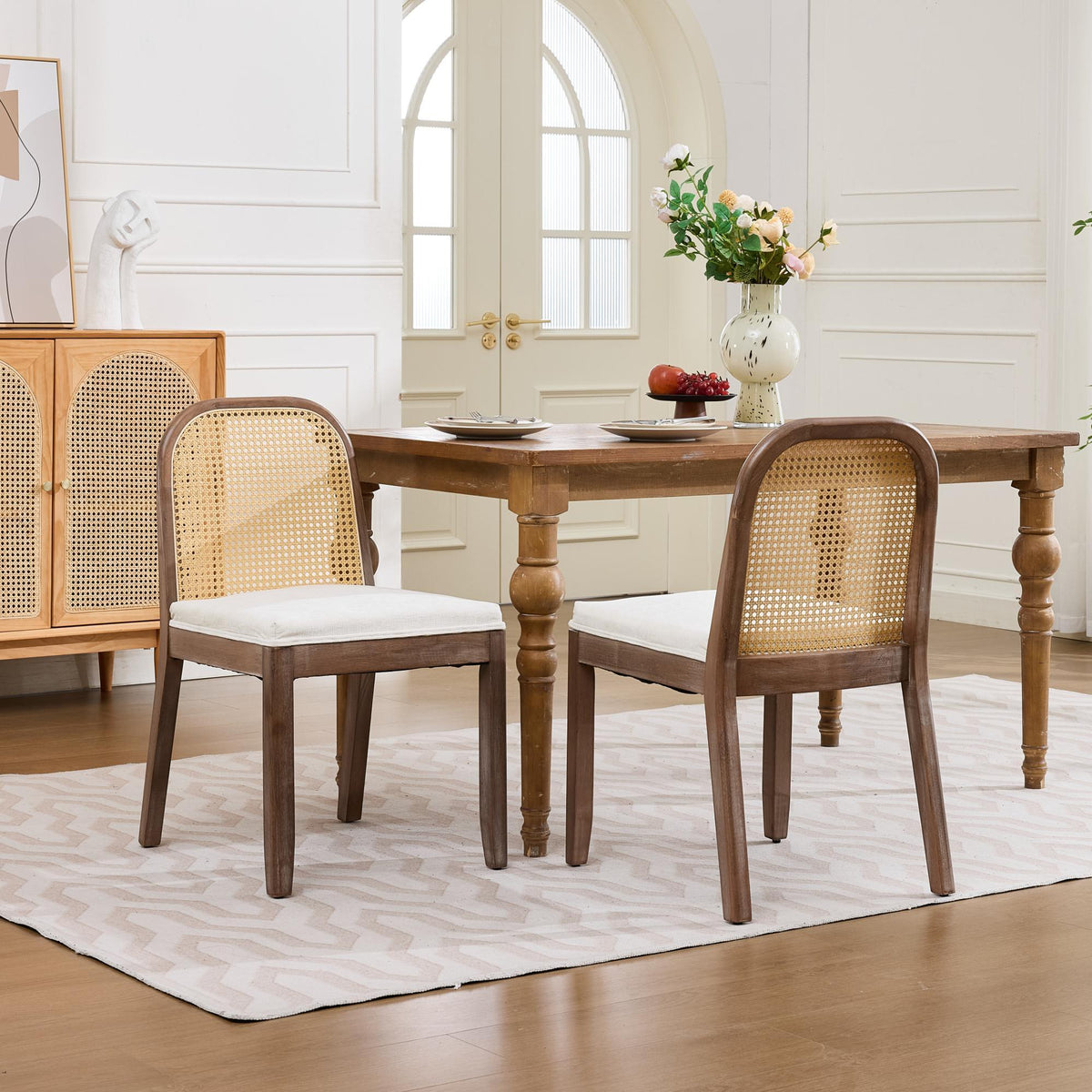 Set of 2 Curved Arched Cane Back Dining Chairs,Mid Century Farmhouse Side Chairs,Distressed Solid Wood Frame,Chenille Cushion with S-Spring and Sponge,Armless Accent Chairs for Kitchen,Beige,SW1899BG