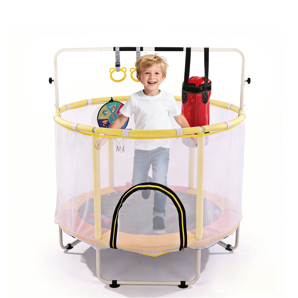 Toddler mini trampoline with basketball hoop and gym bar — angle view