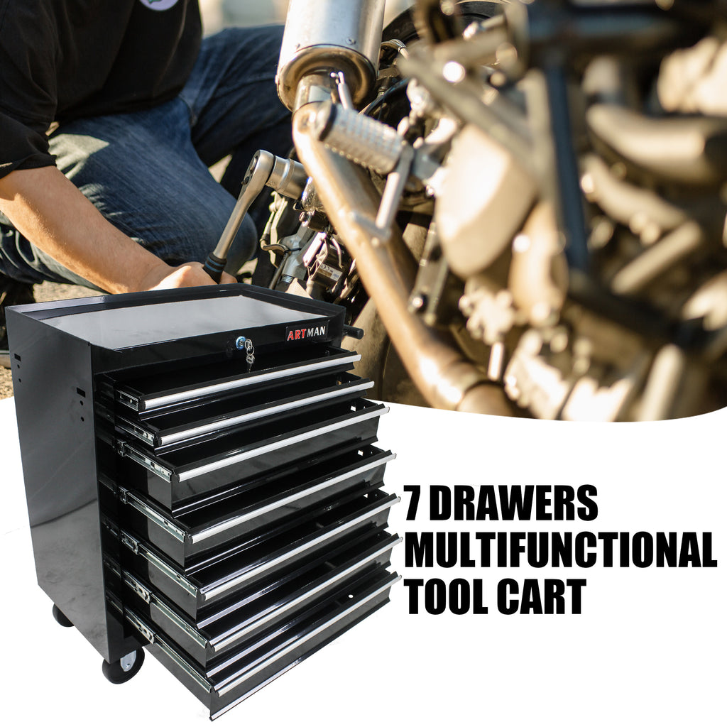 Black lockable tool storage cart with ball-bearing drawers — full overview