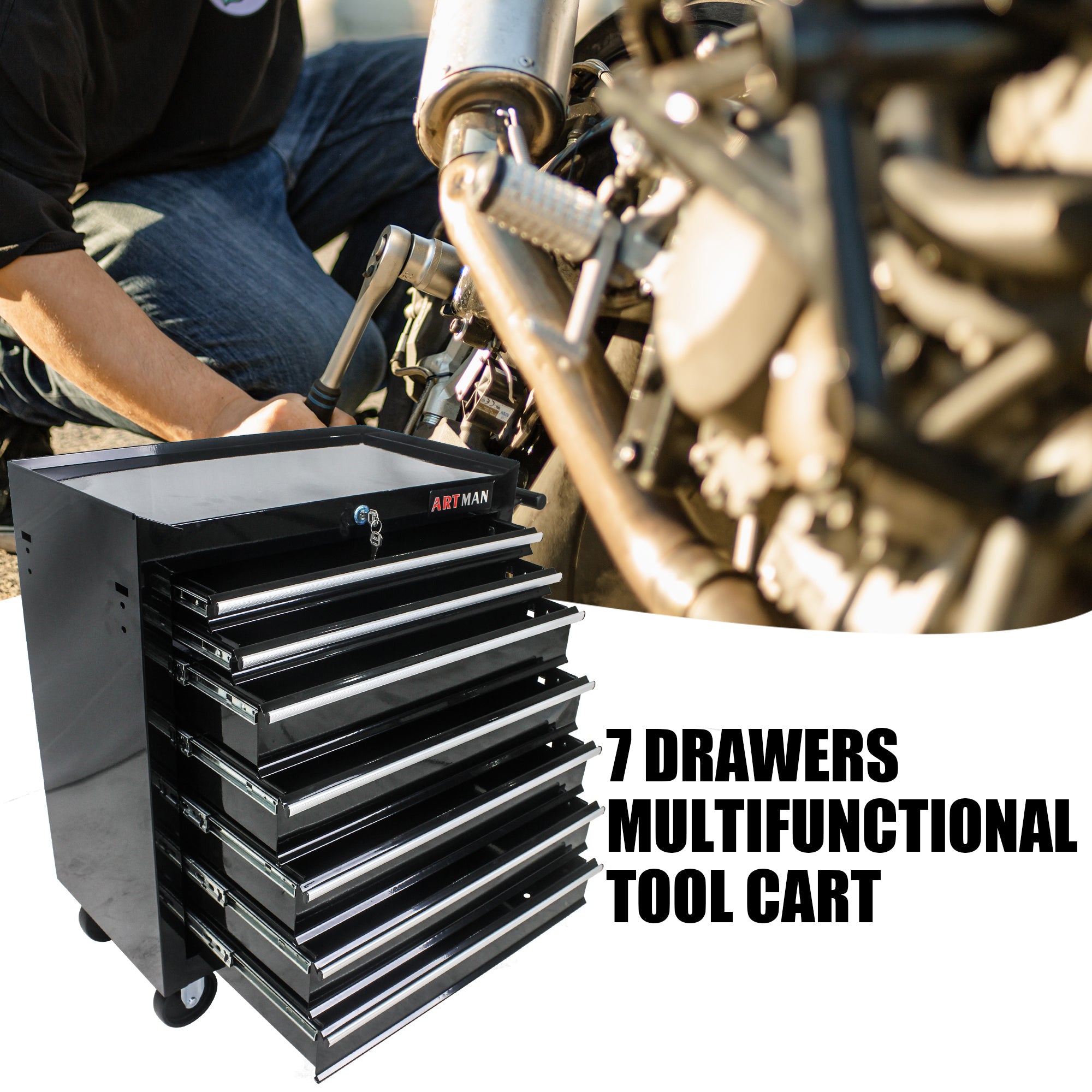 Black lockable tool storage cart with ball-bearing drawers — full overview