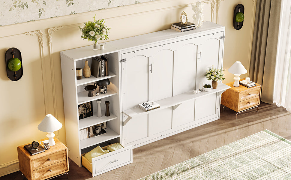 Queen Size Murphy Bed with Height Adjustable Storage Compartments and Shelf, Wall Bed Frame With 1 Drawer, Multifunctional Foldable Platform Bed for Bedroom,Guest Room, Walnut(OLD SKU:N733S309223D)