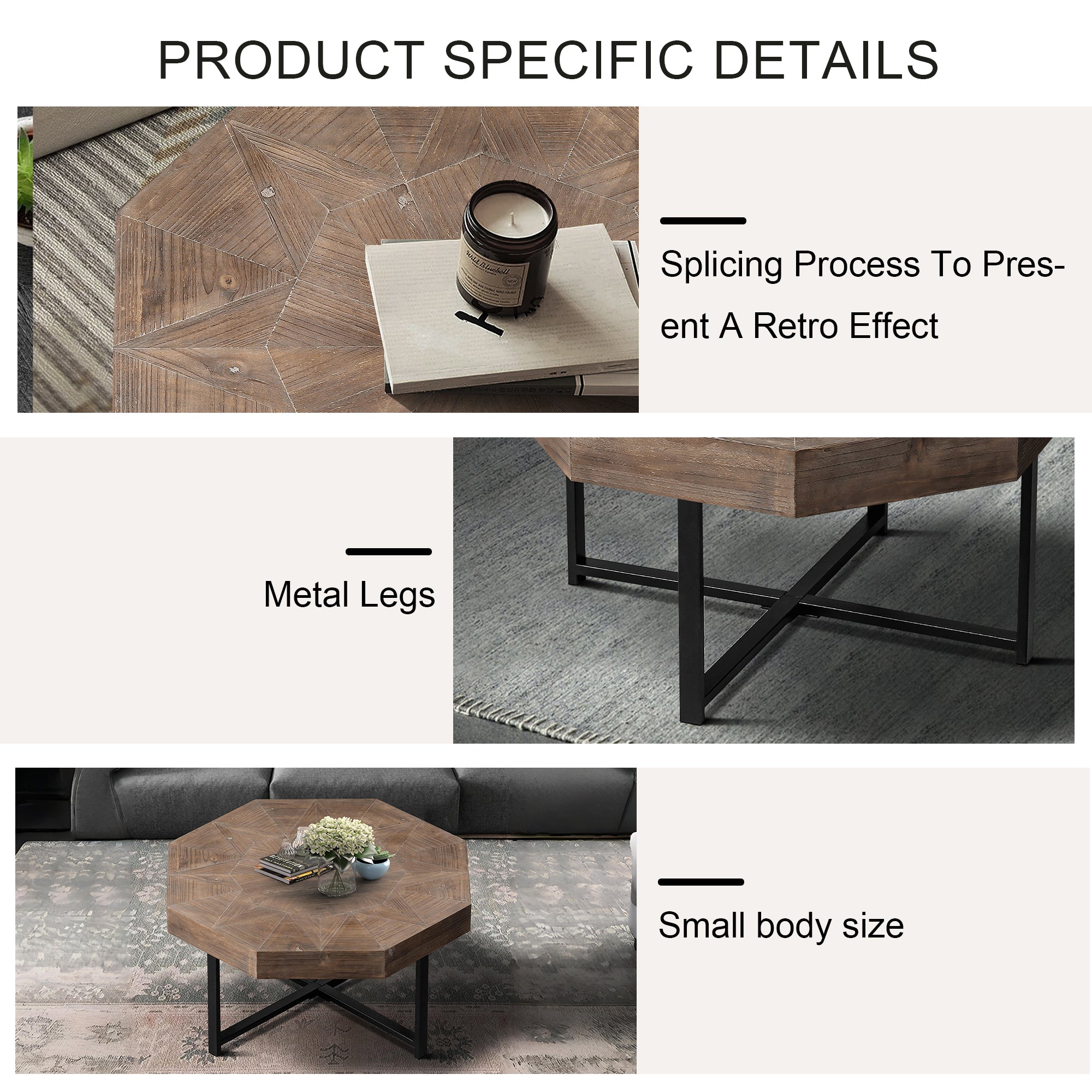 Octagonal coffee table antique brown finish product photo