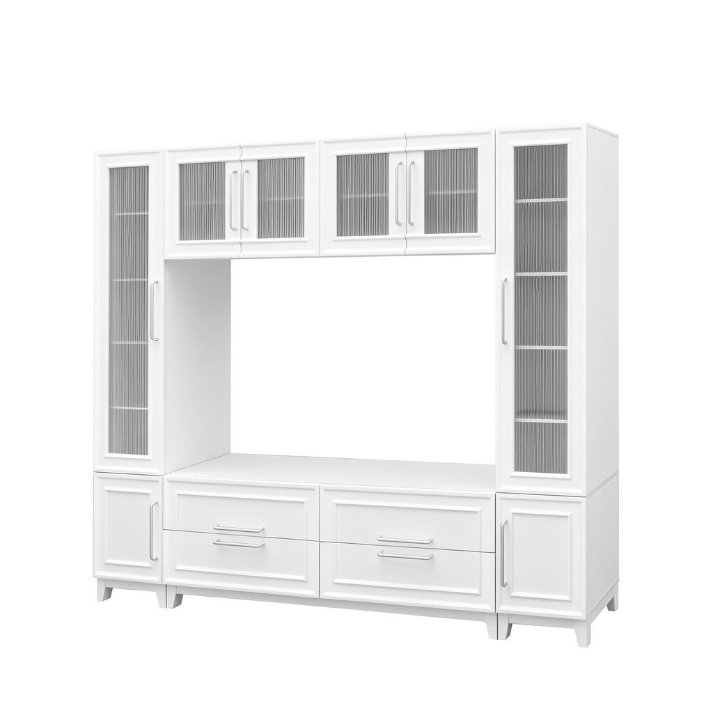 Full-wall white media console with glass doors for living room