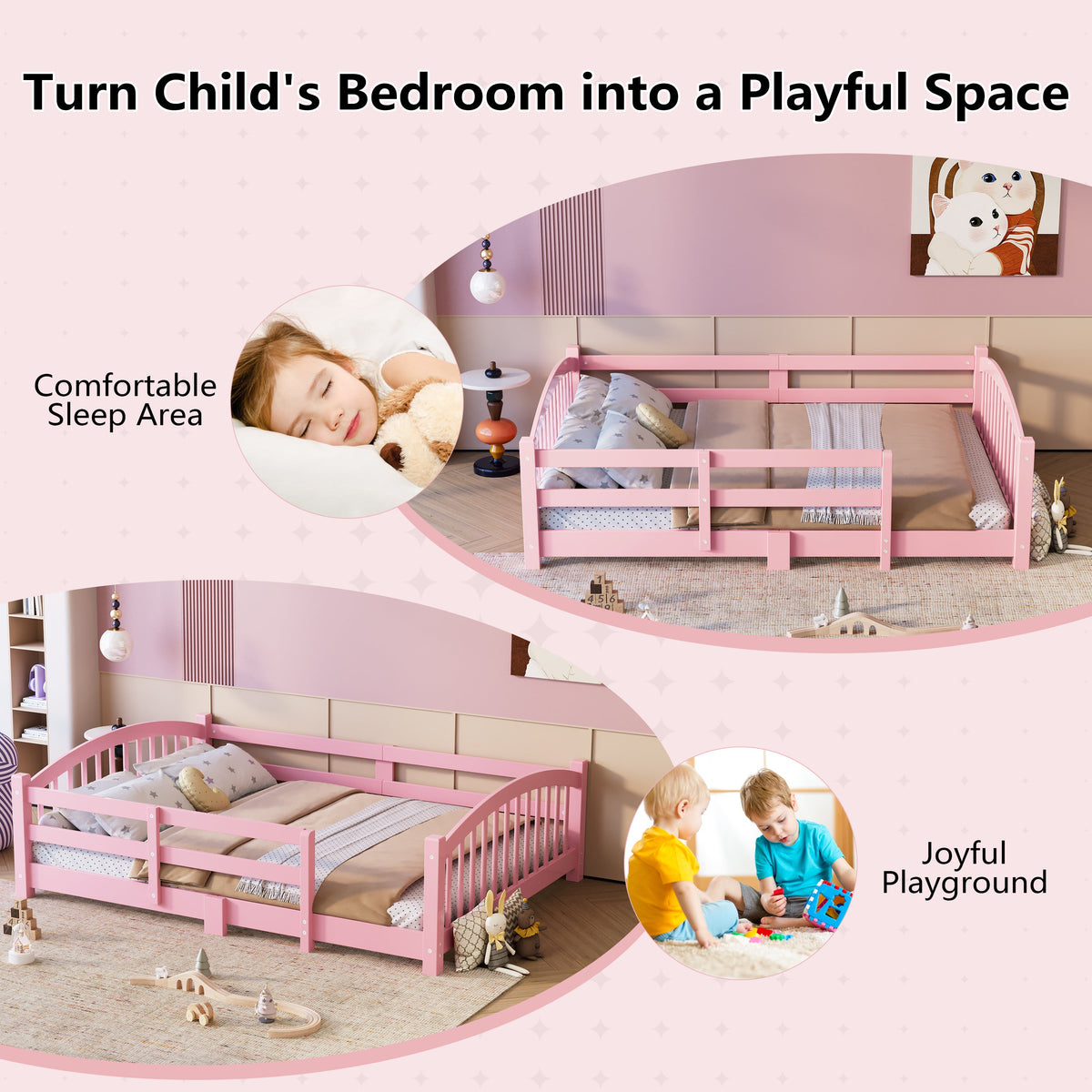 Full Montessori Floor Bed with Slats and Safety Guardrails, Solid Wood Floor Bed with Fence and Without Door, Easy Assemble Montessori Bed for Girls and Boys, Gray